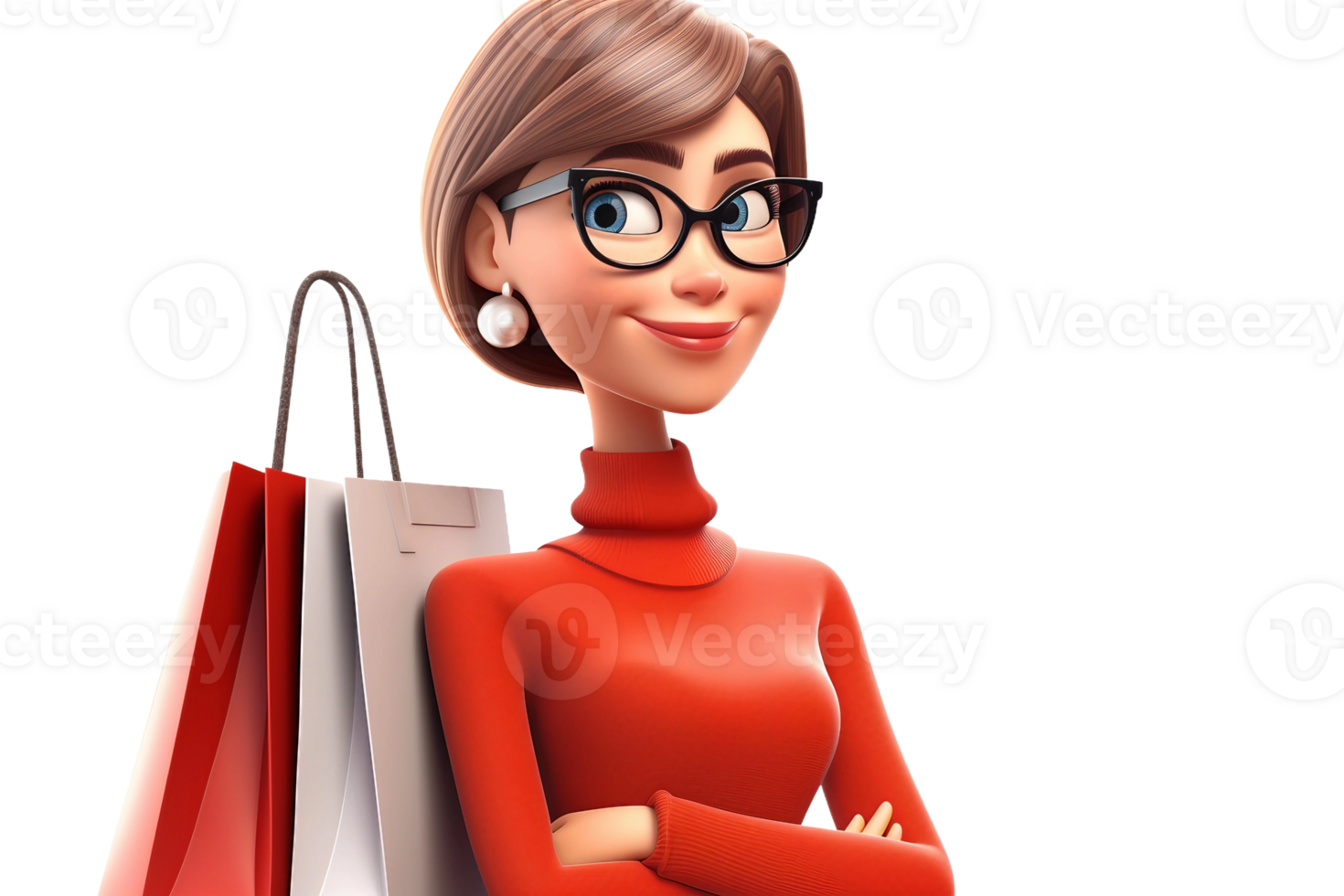 AI generated Female Cartoon Character with Crossed Arms, Holding a Shopping Bag Isolated on Transparent Background. png