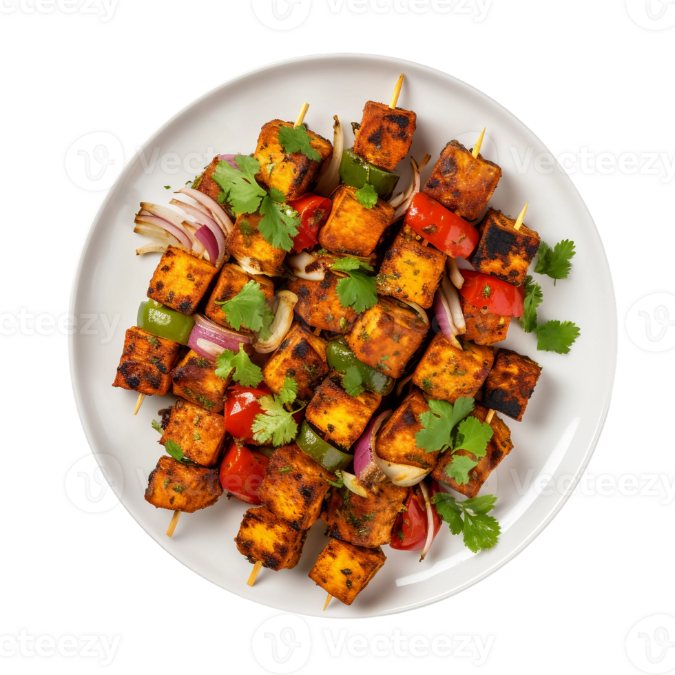 AI generated Paneer Tikka on a White Plate on Transparent Background. png