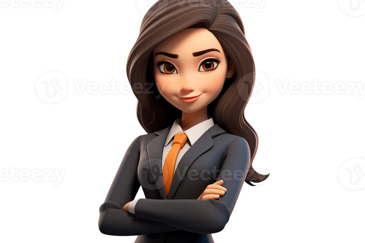 AI generated 3D Cartoon Female Character in Business Suit, Arms Crossed Isolated on Transparent Background. png