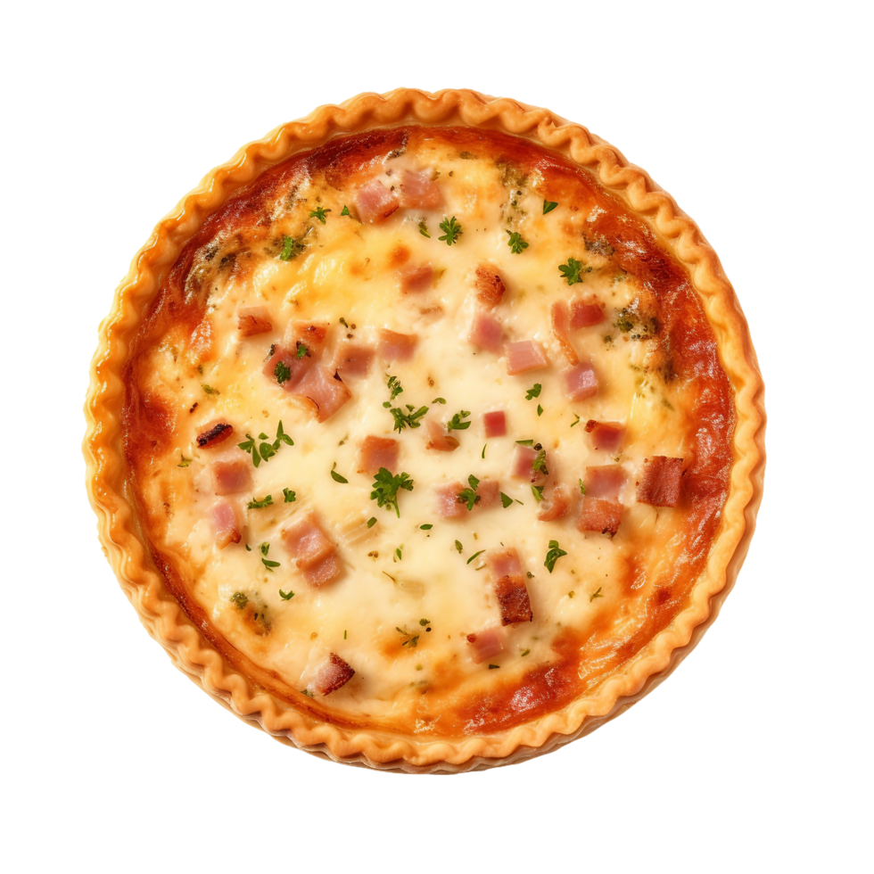 AI generated Quiche Lorraine on a White Plate on Transparent Background. png