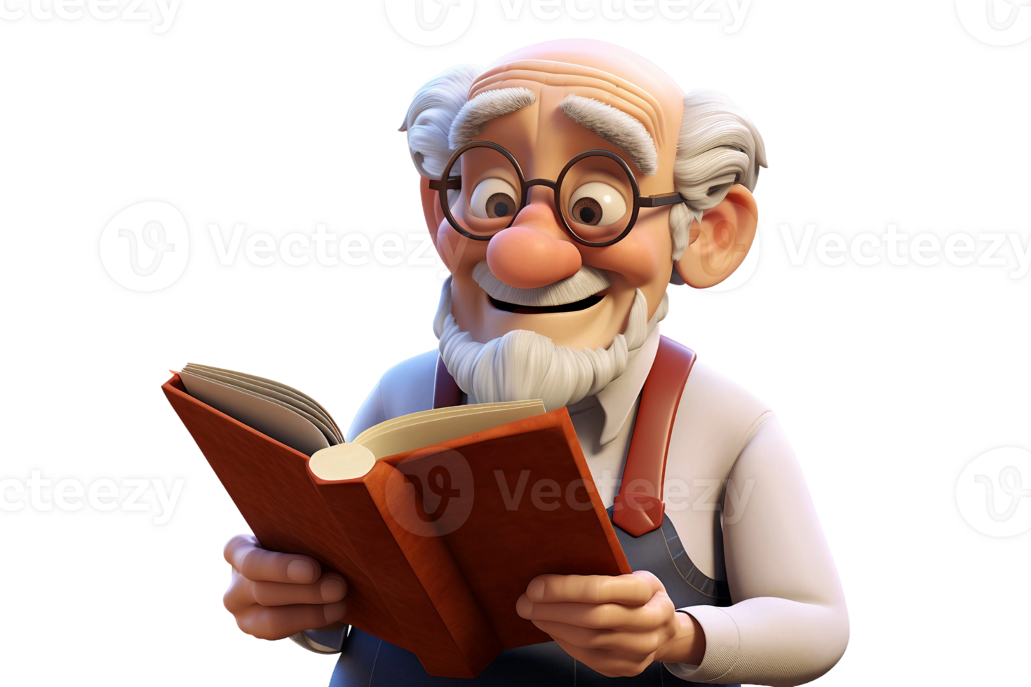 AI generated 3D Cartoon of an Elderly Character, Engaged in Reading a Book Isolated on Transparent Background. png