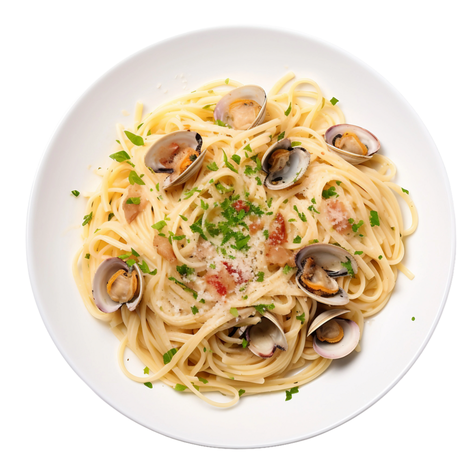 AI generated Clam Linguine on a White Plate on Transparent Background. png