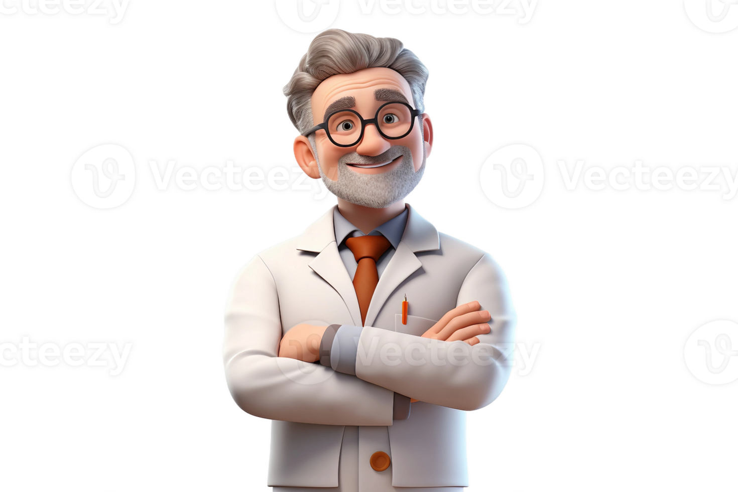 AI generated Cartoon Scientist 3D Male Character with Crossed Arms Isolated on Transparent Background. png
