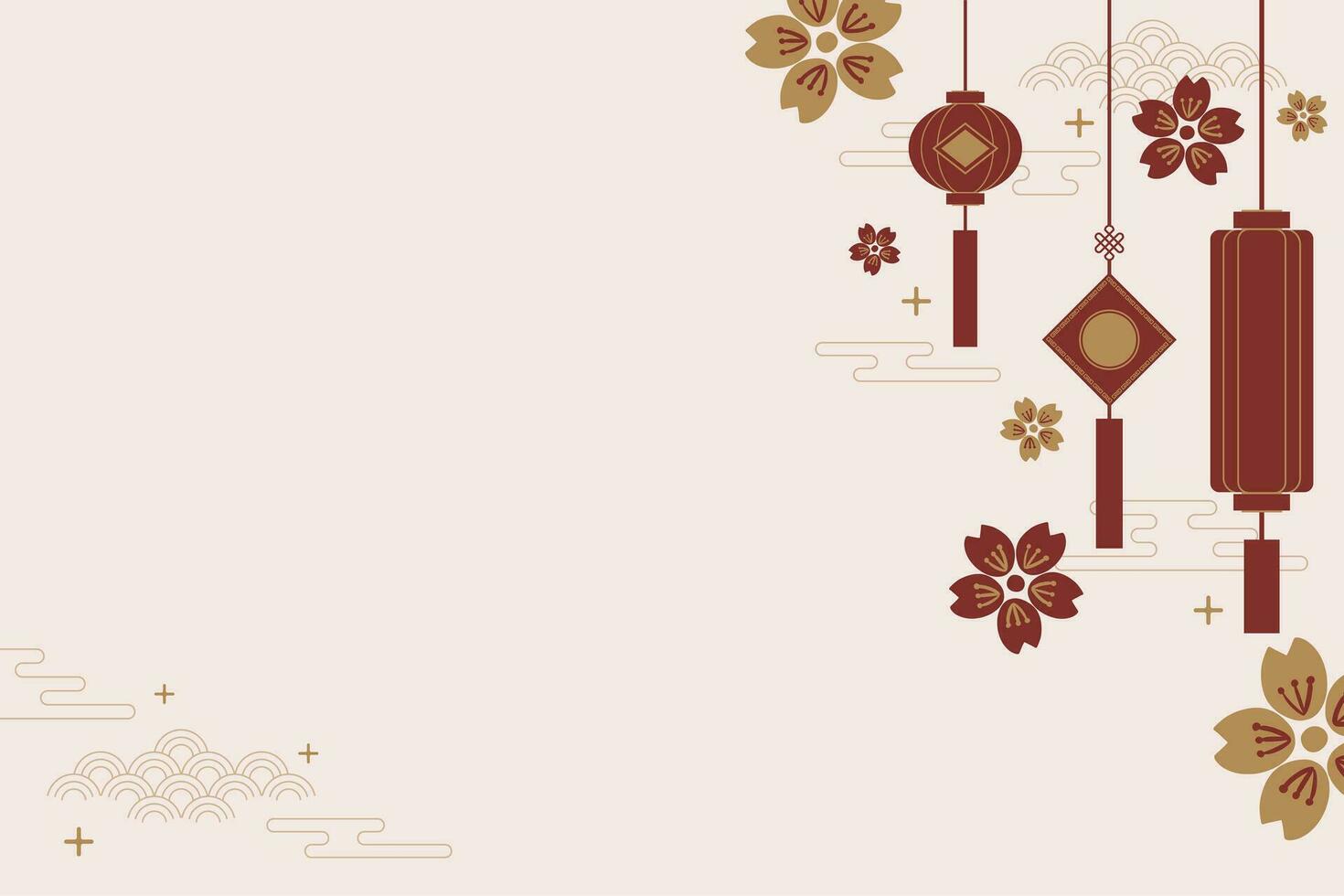 simple minimal hand drawn Chinese new year banner with flowers and lantern, empty space for text. For Greeting card, poster, card, tag, invitation, social media, web, banner, header vector