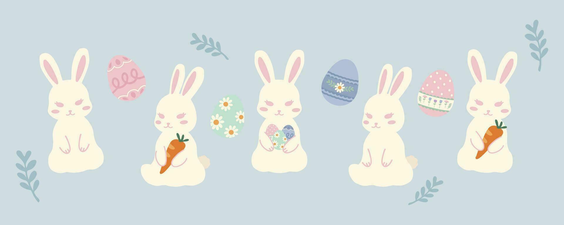 Hand drawn illustration set of cute easter bunny rabbit in different poses and easter eggs decorative elements. For poster, card, scrapbooking , tag, invitation, headboard vector