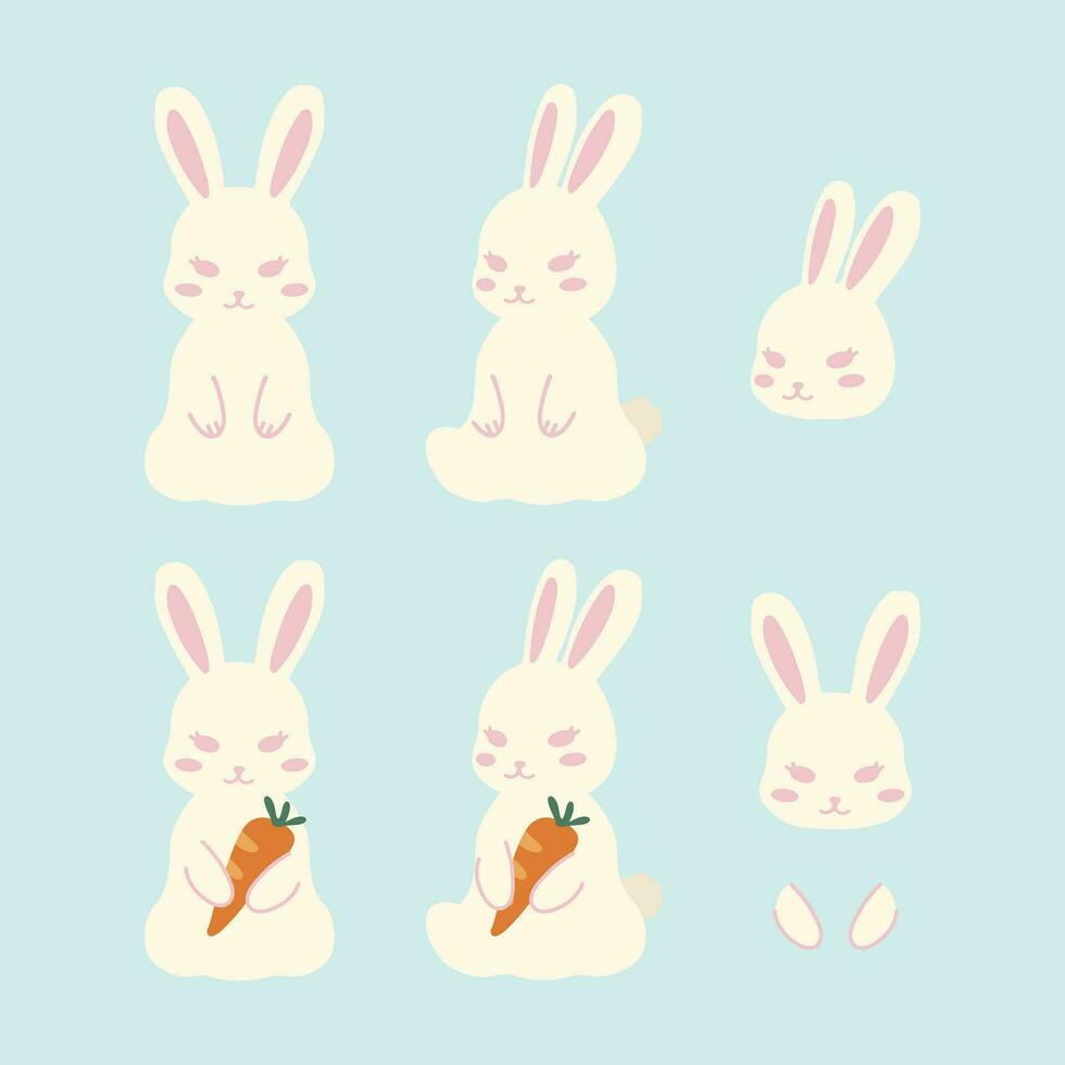 mano dibujado vector ilustración de un conjunto de Pascua de Resurrección conejito Conejo diseño elementos en diferente posa linda elementos garabatear colección en plano estilo