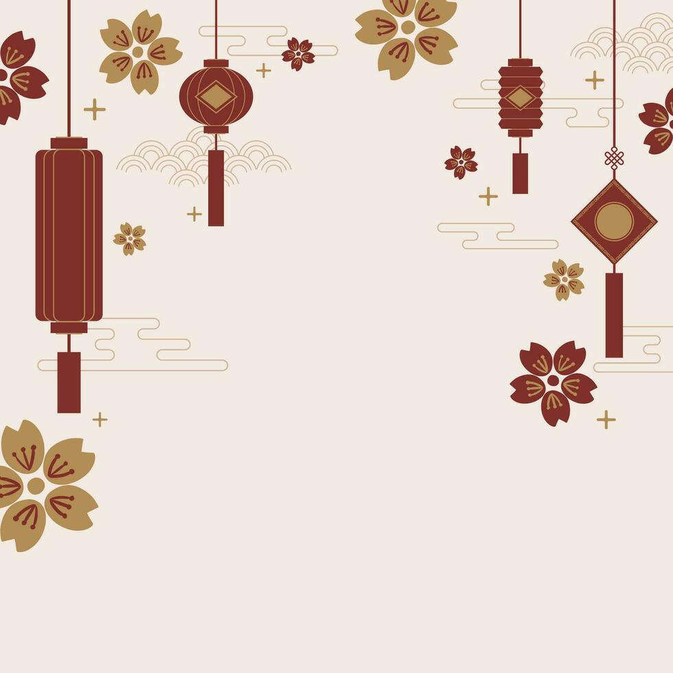simple minimal hand drawn Chinese new year banner with flowers and lantern, empty space for text. For Greeting card, poster, card, tag, invitation, social media, web, banner, header vector