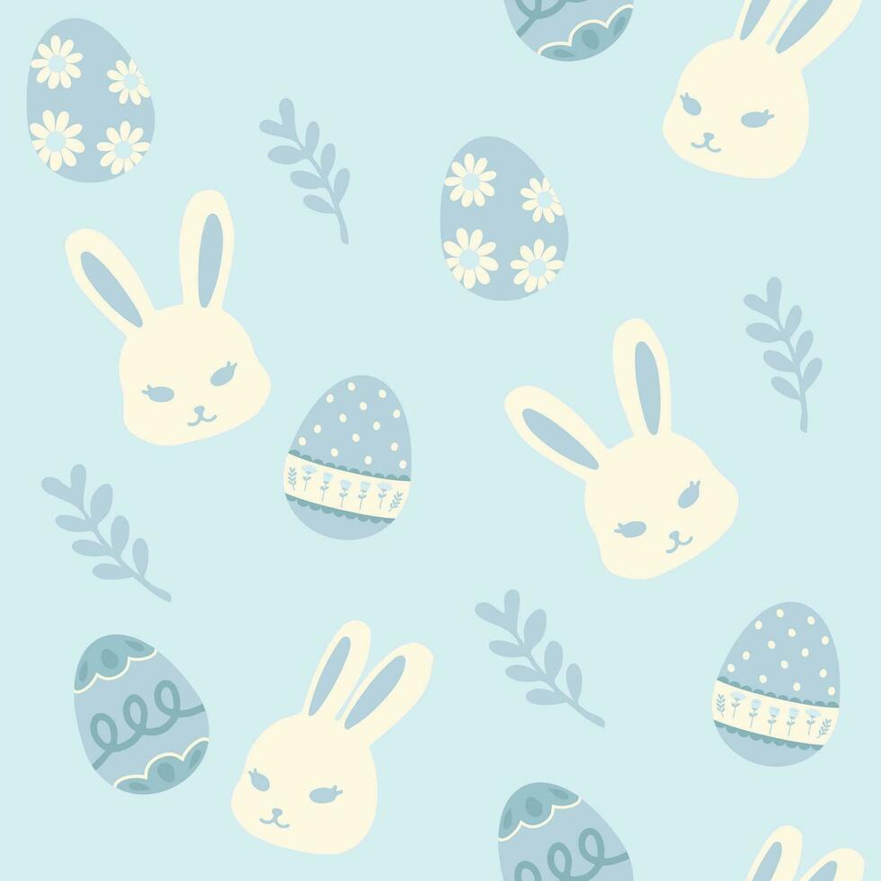 Hand drawn seamless pattern vector illustration of cute easter bunny and egg elements in pastel blue. For wallpaper, texture, background, gift wrap, print, background, textile, card