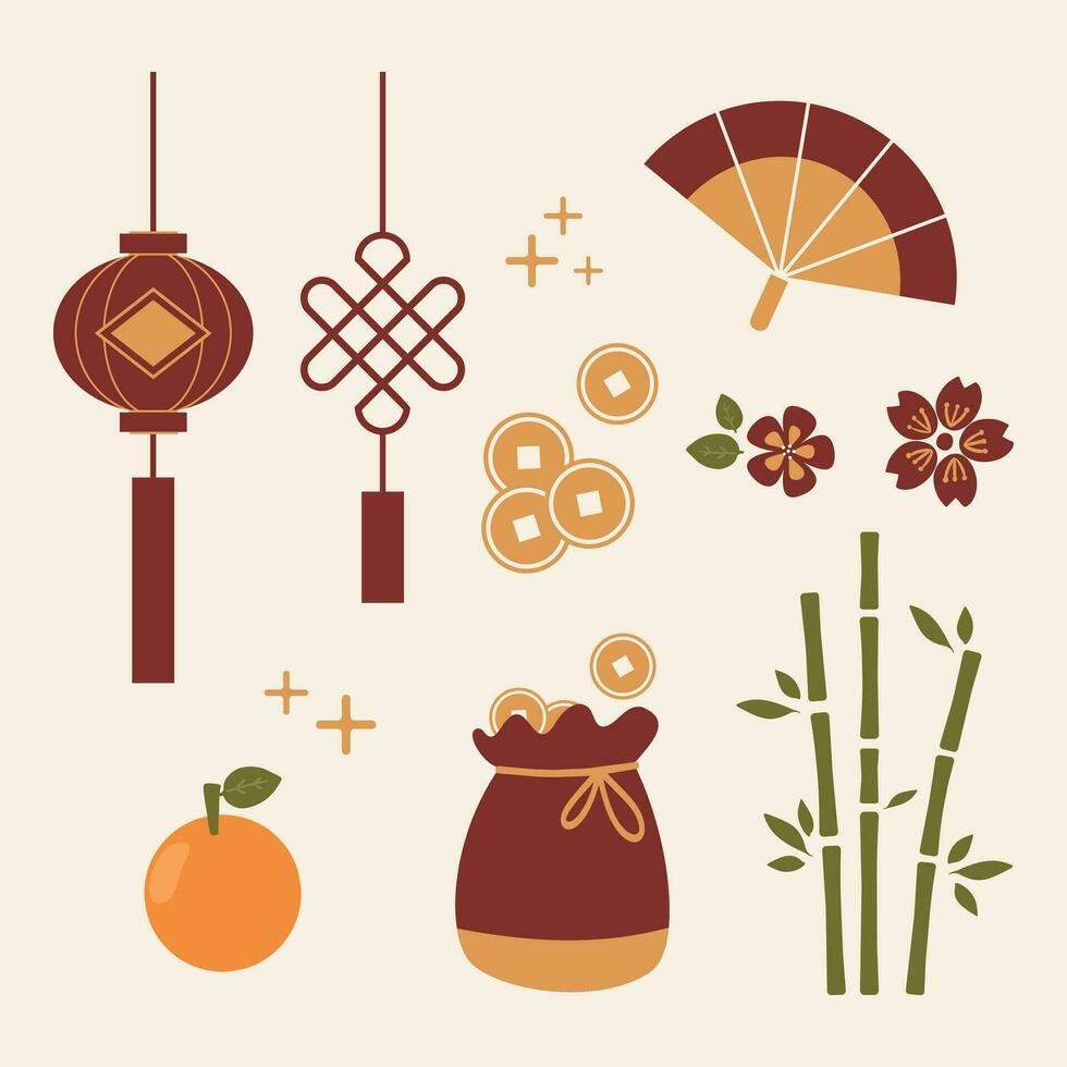 Hand drawn flat illustration of cute prosperity auspicious sticker pack. Doodle set of lantern, traditional coin, fan, orange, bamboo, money bag, flower element. For Chinese New Year Japanese concept vector