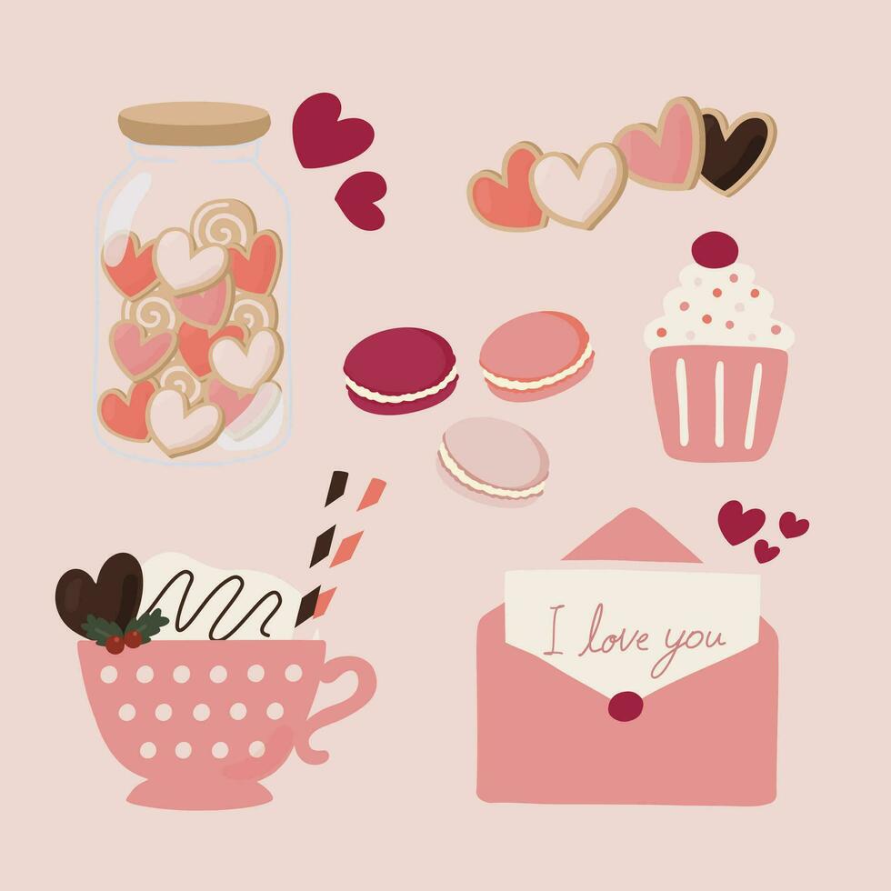 mano dibujado plano ilustración de linda pastel rosado pegatina embalar. garabatear conjunto de corazón forma Galleta frasco, Pastelería, macarrón, amor carta, magdalena, bebidas para San Valentín día, cumpleaños, Boda concepto vector