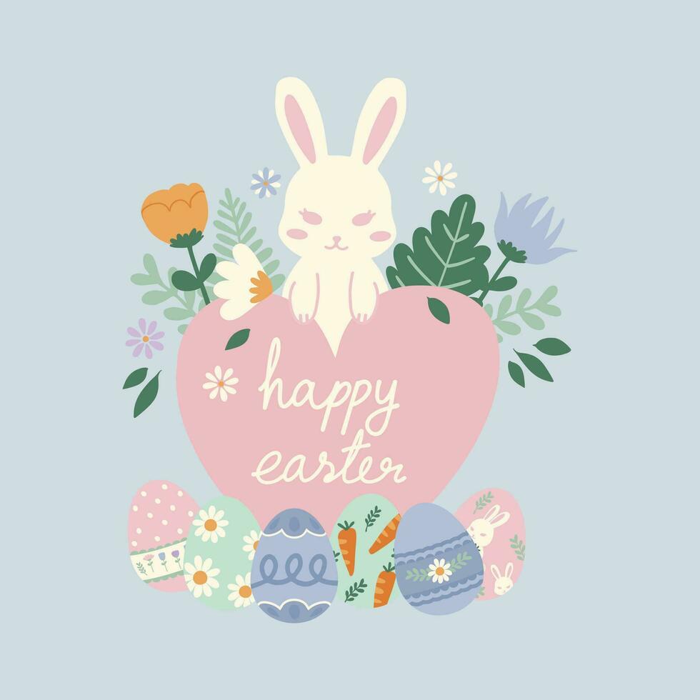 mano dibujado vector ilustración de blanco Pascua de Resurrección conejito conejos en con corazón y flores en pastel concepto. linda elementos garabatear en plano estilo. para póster, tarjeta, invitación, gráfico recurso