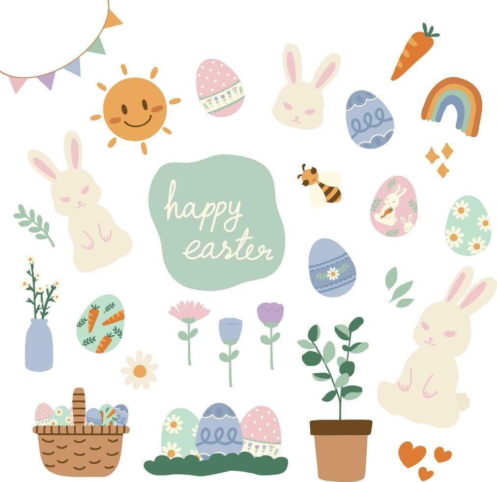 hand drawn illustration of a set of Easter holiday sticker pack design elements. Cute elements doodle collection in flat style. For poster, card, scrapbooking, invitation, graphic, social media vector