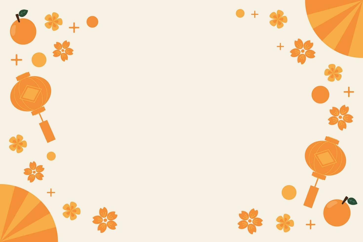 simple minimal hand drawn Chinese new year banner with flowers, fan, lantern and orange, empty space for text. For Greeting card, poster, card, tag, invitation, social media, web, banner, header vector