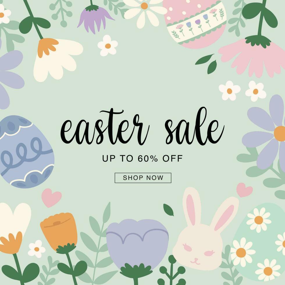 Easter sale background poster template. Vector abstract background with pastel flowers, rabbit and eggs background. For vouchers, wallpaper, banners, headers, social media, sales, coupon discounts.