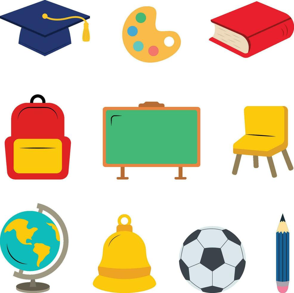 Set of School Elements Supplies Graduation cap, Palette, Book, Backpack, Chalkboard, Chair, Globe, Bell, Soccer Ball and Pencil. Stuff Child at School. vector