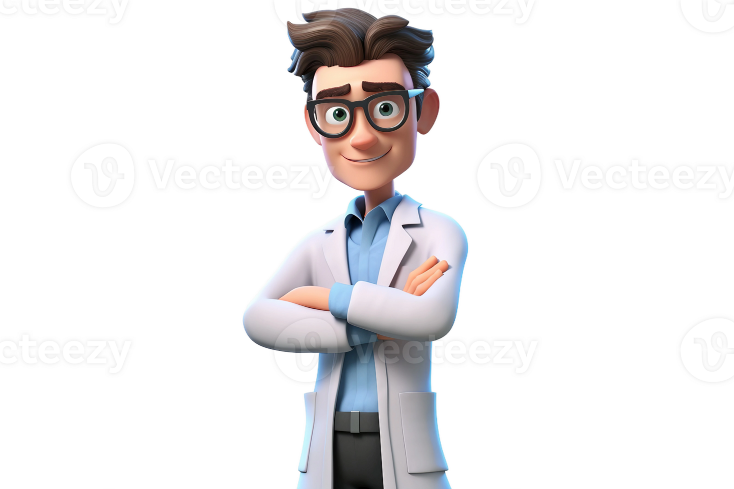 AI generated Cartoon Scientist 3D Male Character with Crossed Arms Isolated on Transparent Background. png