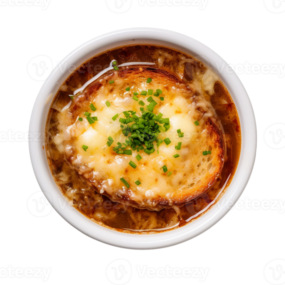 AI generated French Onion Soup in a White Bowl on Transparent Background. png