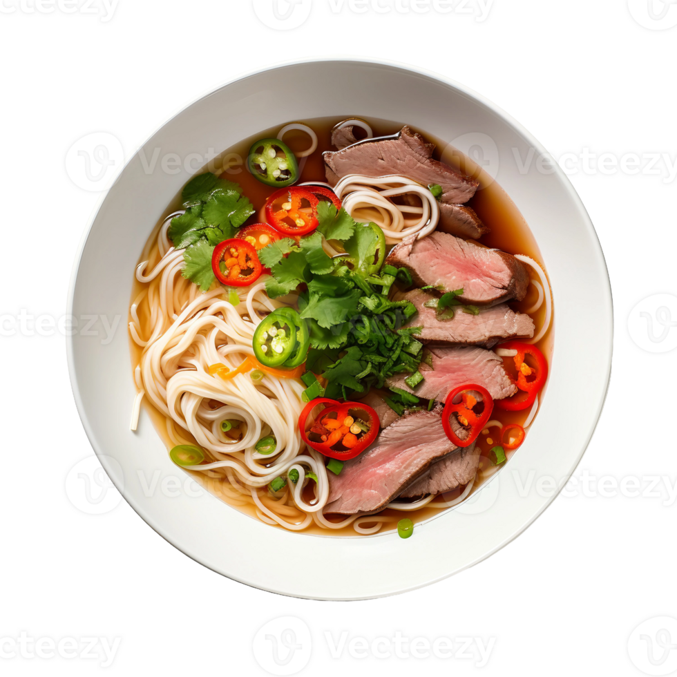 AI generated Pho Noodle Soup on a White Plate on Transparent Background. png