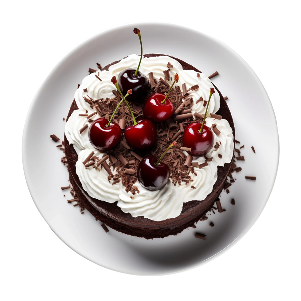 AI generated Black Forest Cake on a White Plate on Transparent Background. png