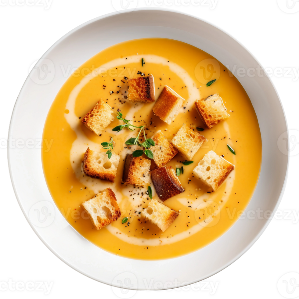 ai gerado cremoso Butternut abóbora sopa com croutons em transparente fundo. png