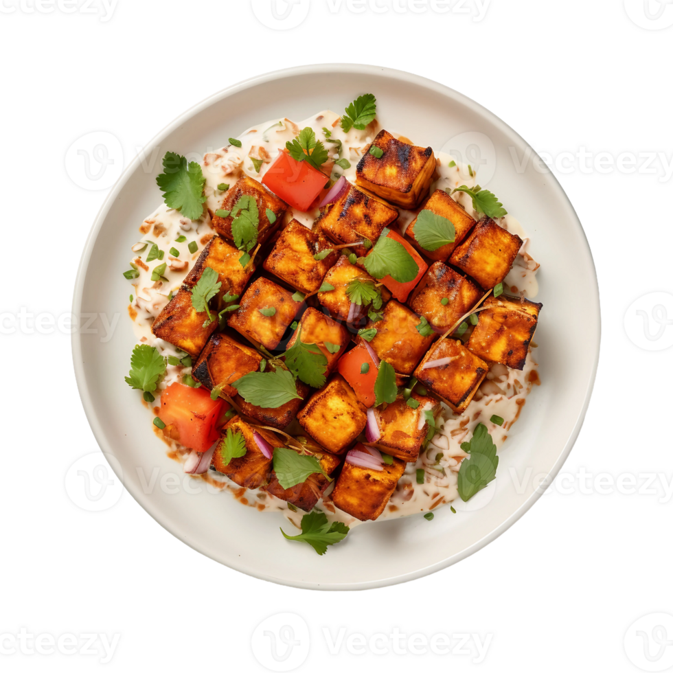 AI generated Paneer Tikka on a White Plate on Transparent Background. png