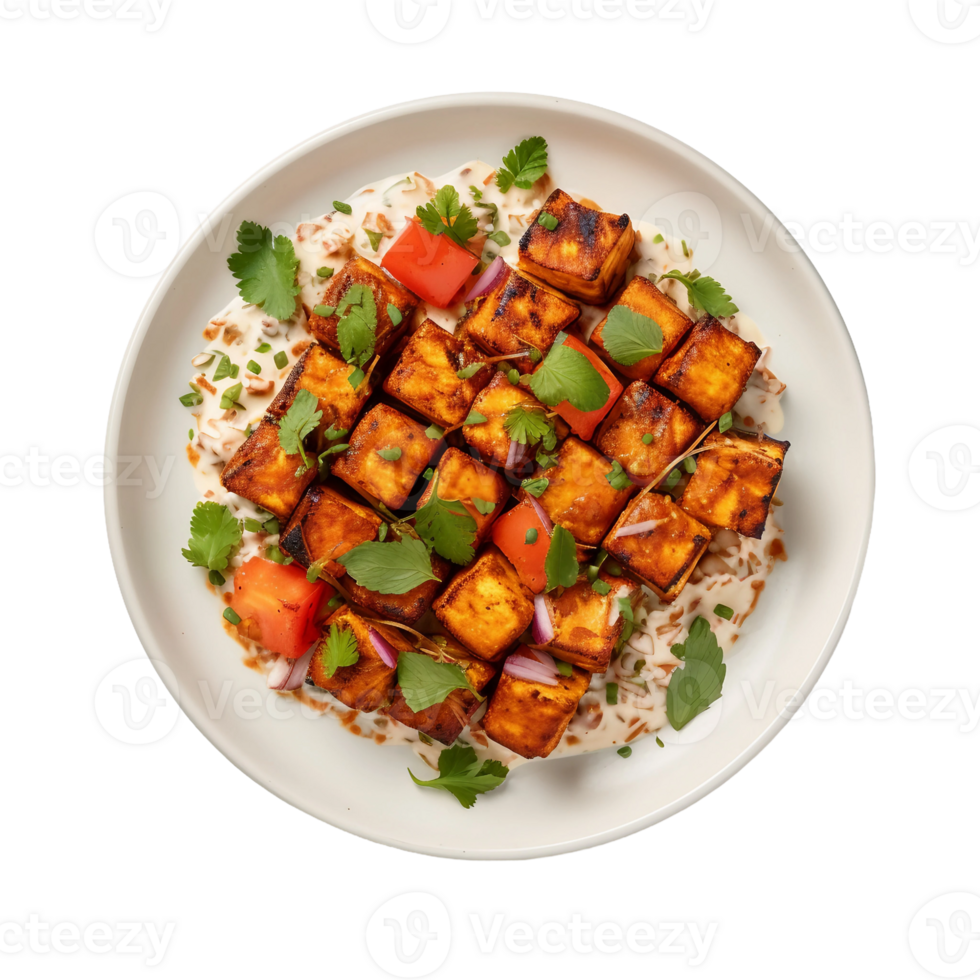 AI generated Paneer Tikka on a White Plate on Transparent Background. png