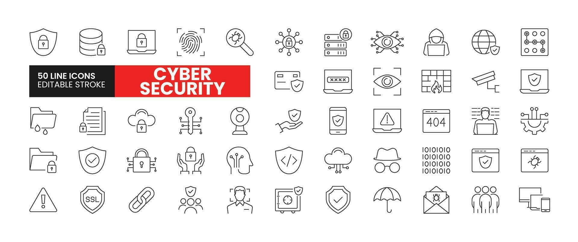 conjunto de 50 ciber seguridad línea íconos colocar. ciber seguridad contorno íconos con editable carrera recopilación. incluye seguridad, bicho, codificación, pirata informático, huella dactilar, y más. vector