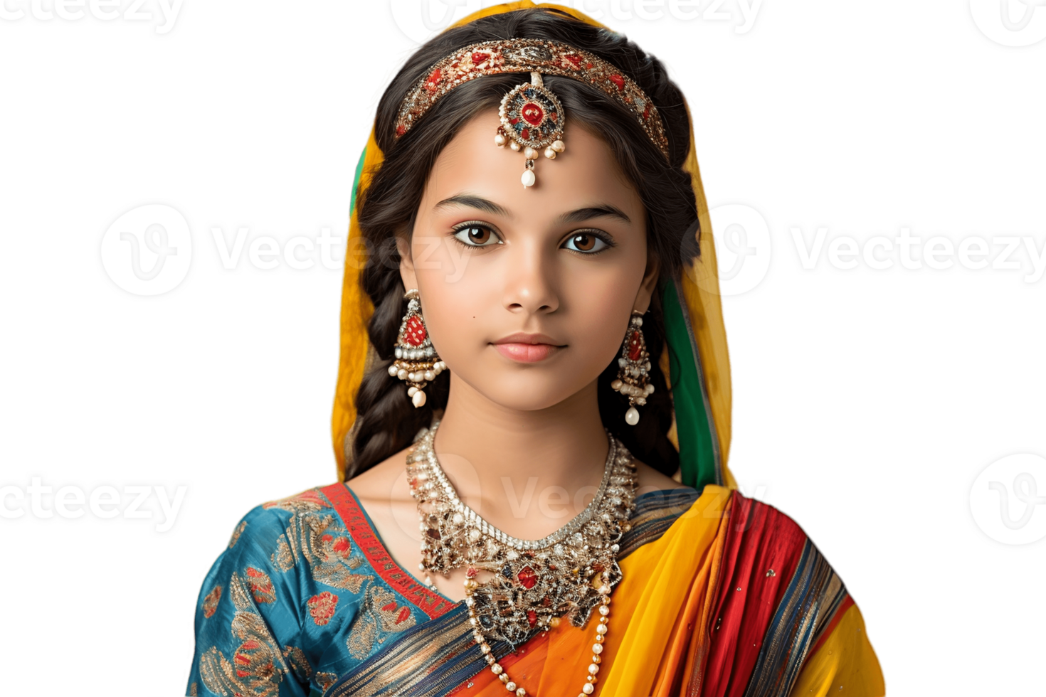 ai généré une Jeune Indien fille dans coloré ethnique tenue sur transparent Contexte. ai png