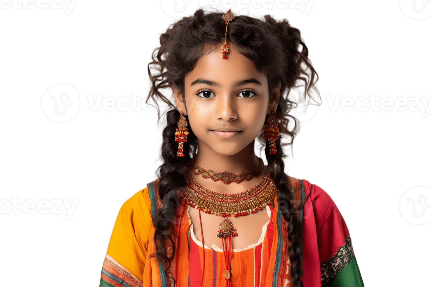 ai generato un' giovane indiano ragazza nel colorato etnico abbigliamento su trasparente sfondo. ai png