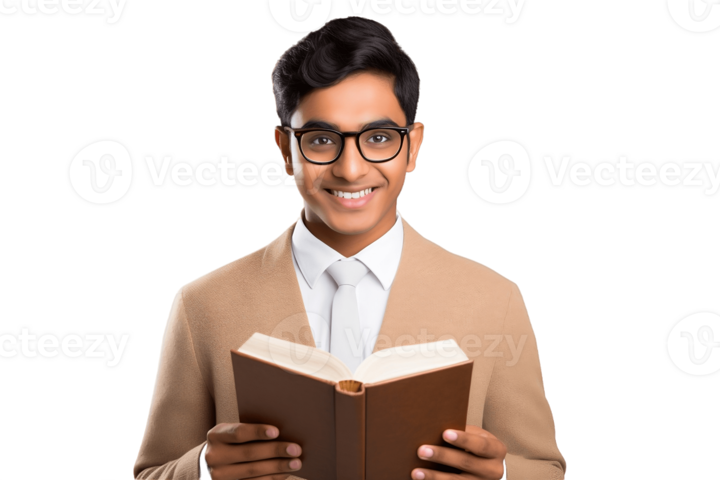 AI generated An Indian Student Wearing Glasses and Holding a Book on Transparent Background. AI png