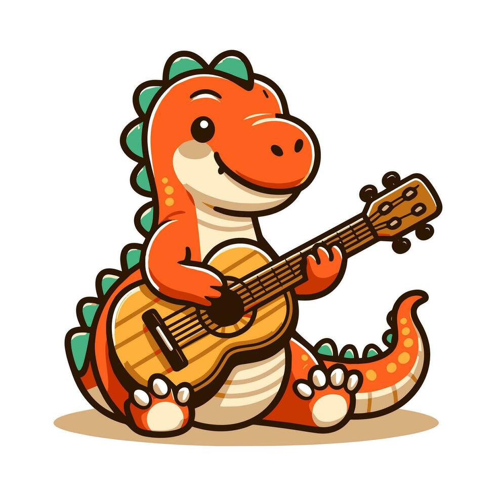 Vector art of a cute dinosaur playing guitar music cartoon style vector icon illustration