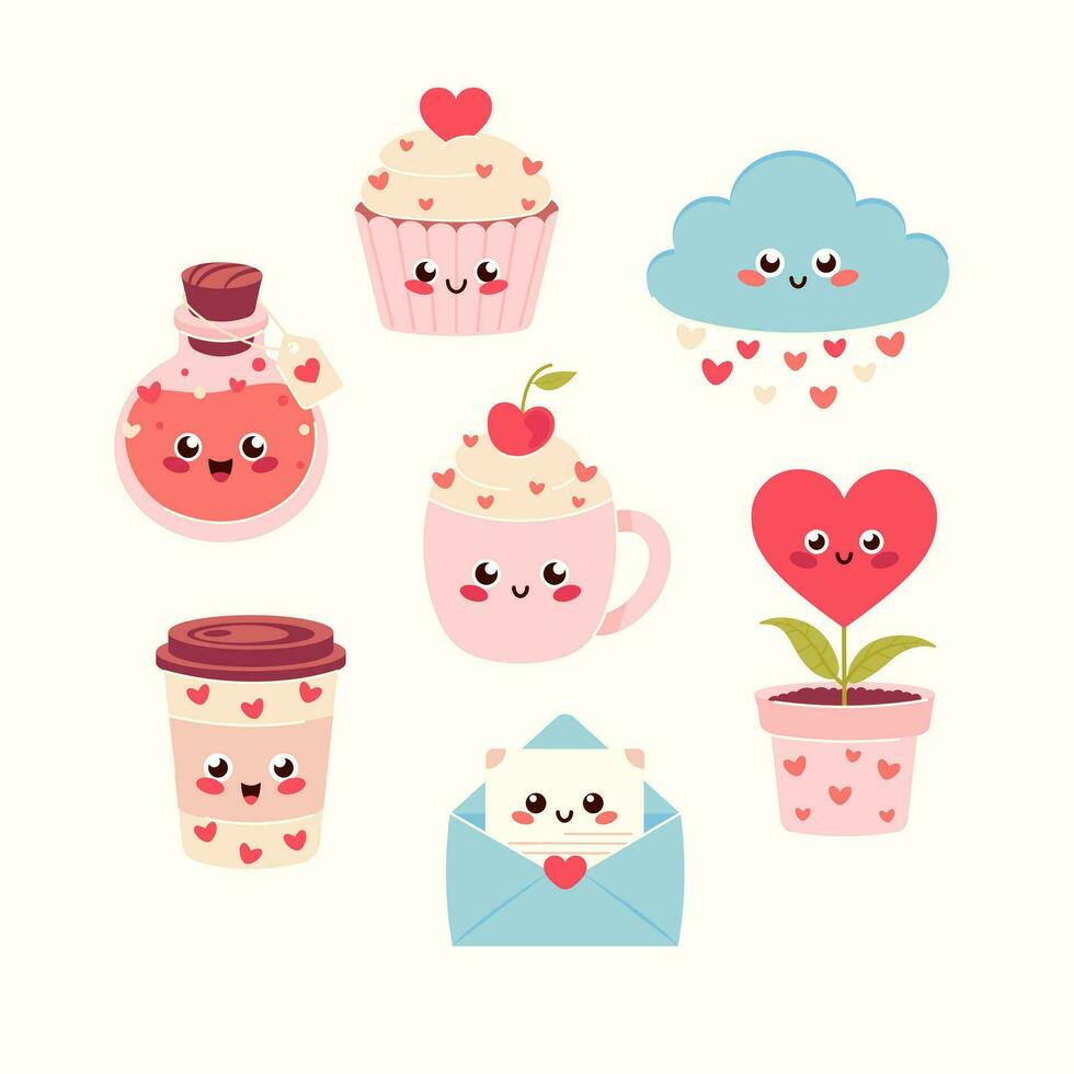 San Valentín día decorativo elementos colocar. San Valentín día tarjeta con un romántico taza de café, magdalena, amor poción. conjunto de linda kawaii pegatinas para San Valentín día vector