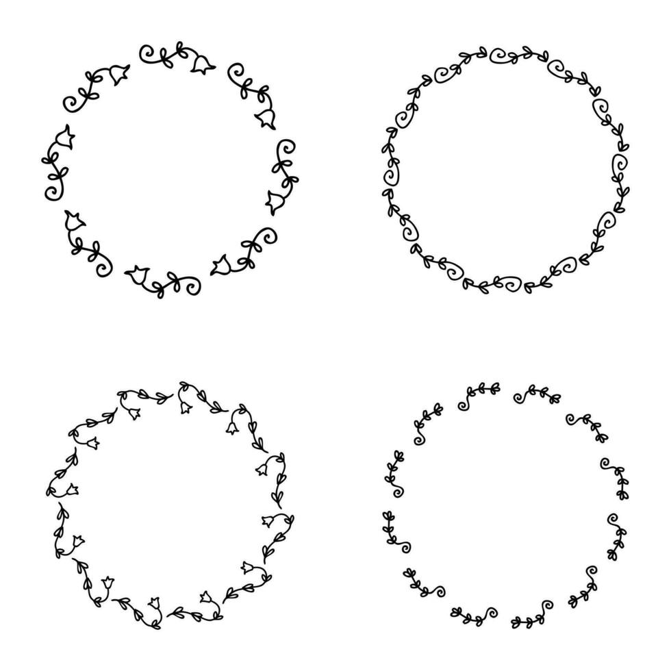 Simple circular empty frames collection with hand drawn branches and bluebell flowers. Perfect for sticker, card, poster. Doodle isolated vector illustration.