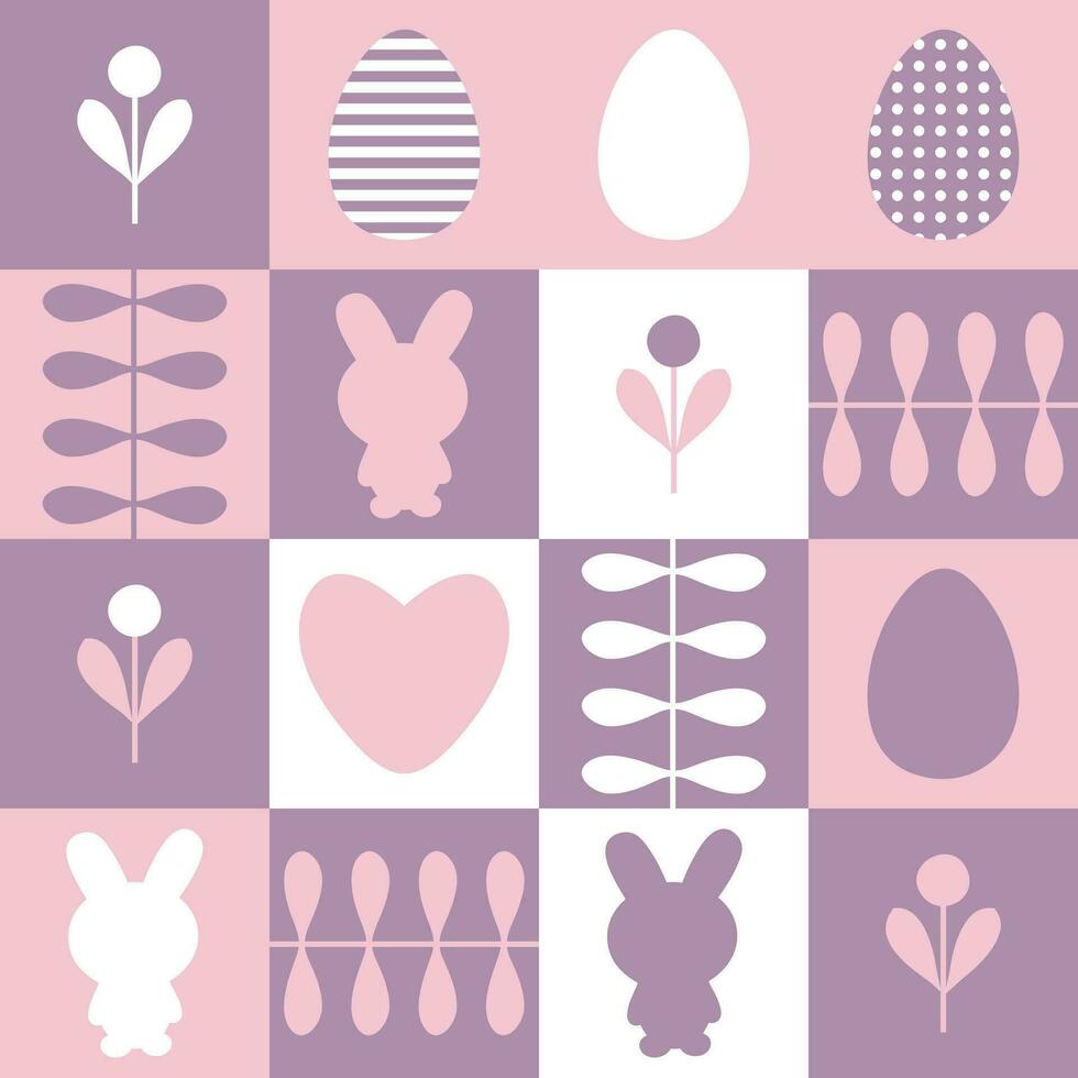 Cute rabbits, striped and dotted eggs and flowers Easter pattern. Perfect print for poster, card, banner, tablecloth. Great design for any project. vector