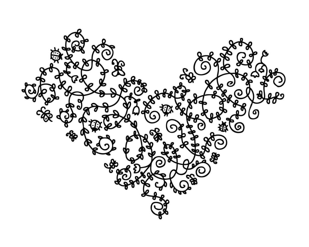 Heart shaped monochrome doodle pattern with tangled plants, ladybugs and butterflies. Perfect print for tee, poster, card, sticker, banner. Hand drawn vector illustration.