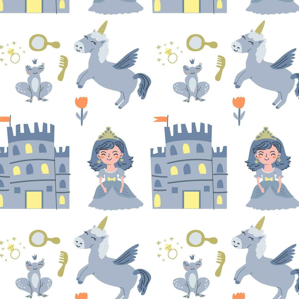 cute fairy characters girl princess and animal seamless pattern vector