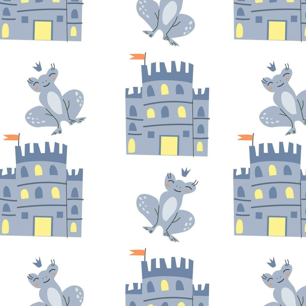 cute fairy character frog animal and castle seamless pattern isolated vector