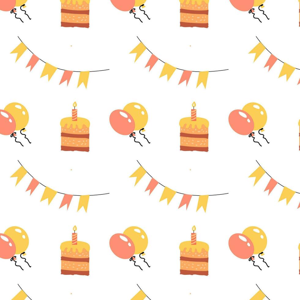 birthday seamless background with cartoon cake, baloon, flags vector