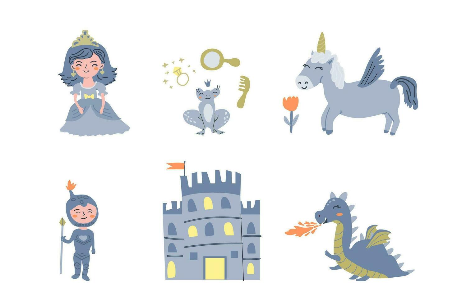 set of fairy cartoon characters princess, animals vector