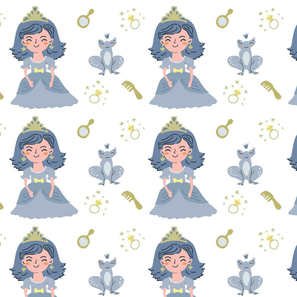 cute princess and frog seamless pattern vector