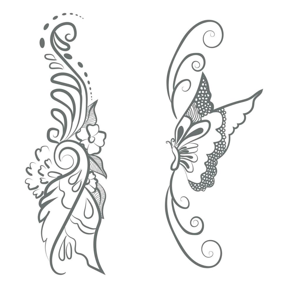 Beautiful Butterfly and flower hand drawn for adult coloring book Free Vector