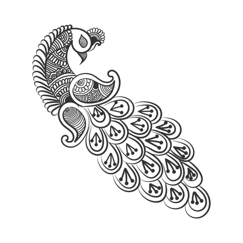 Peacock and flower hand drawn line art design Free Vector