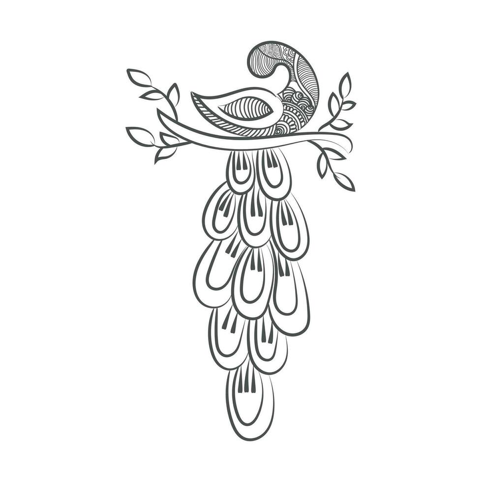 Peacock and flower hand drawn line art design Free Vector