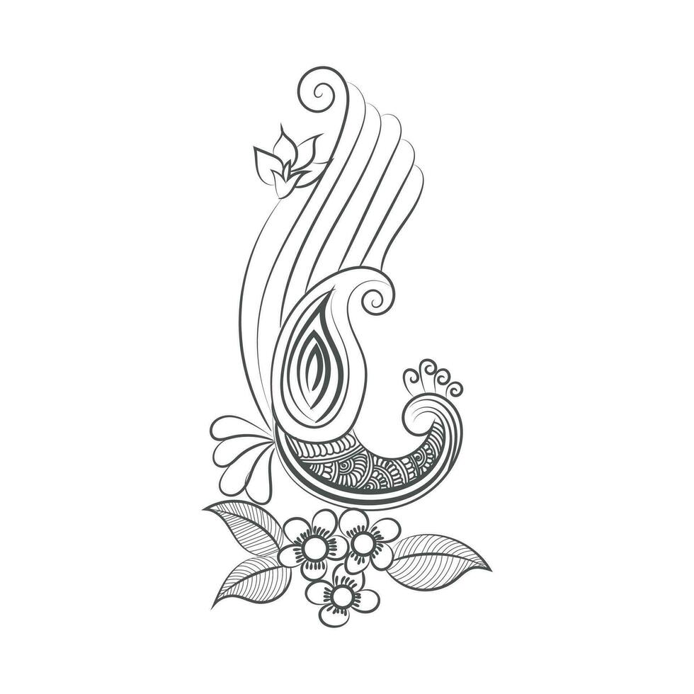 Peacock and flower hand drawn line art design Free Vector