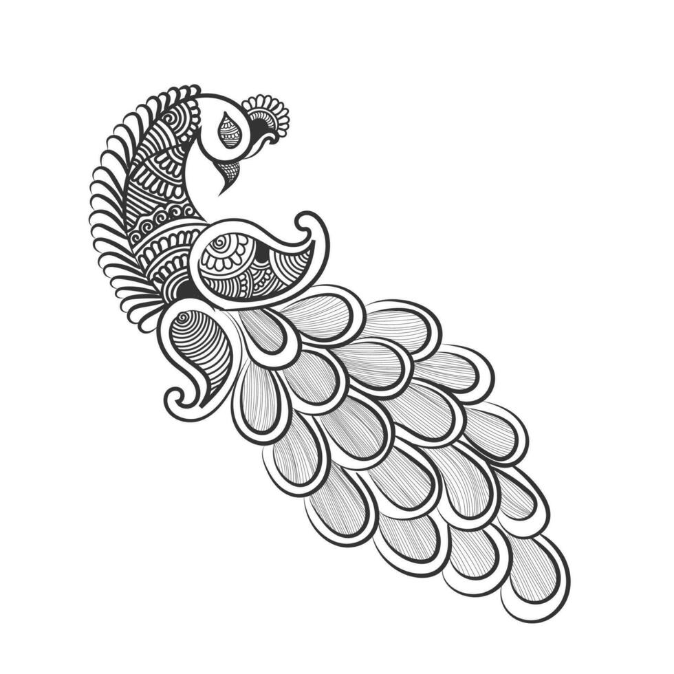 Peacock and flower hand drawn line art design Free Vector