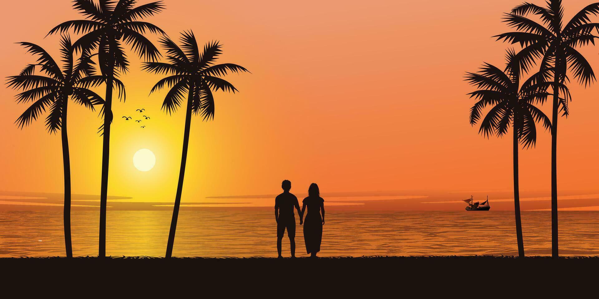 Silhouette of palm tree and lover hand holding at seaside with sunset background vector illustration. Sweetheart's honeymoon concept flat design.