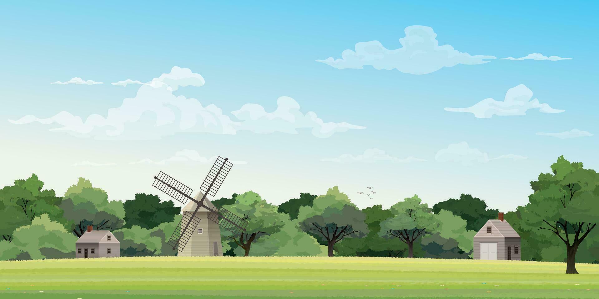 Old farm windmill in grass field have blue sky background have blank space. Countryside life concept vector illustration.