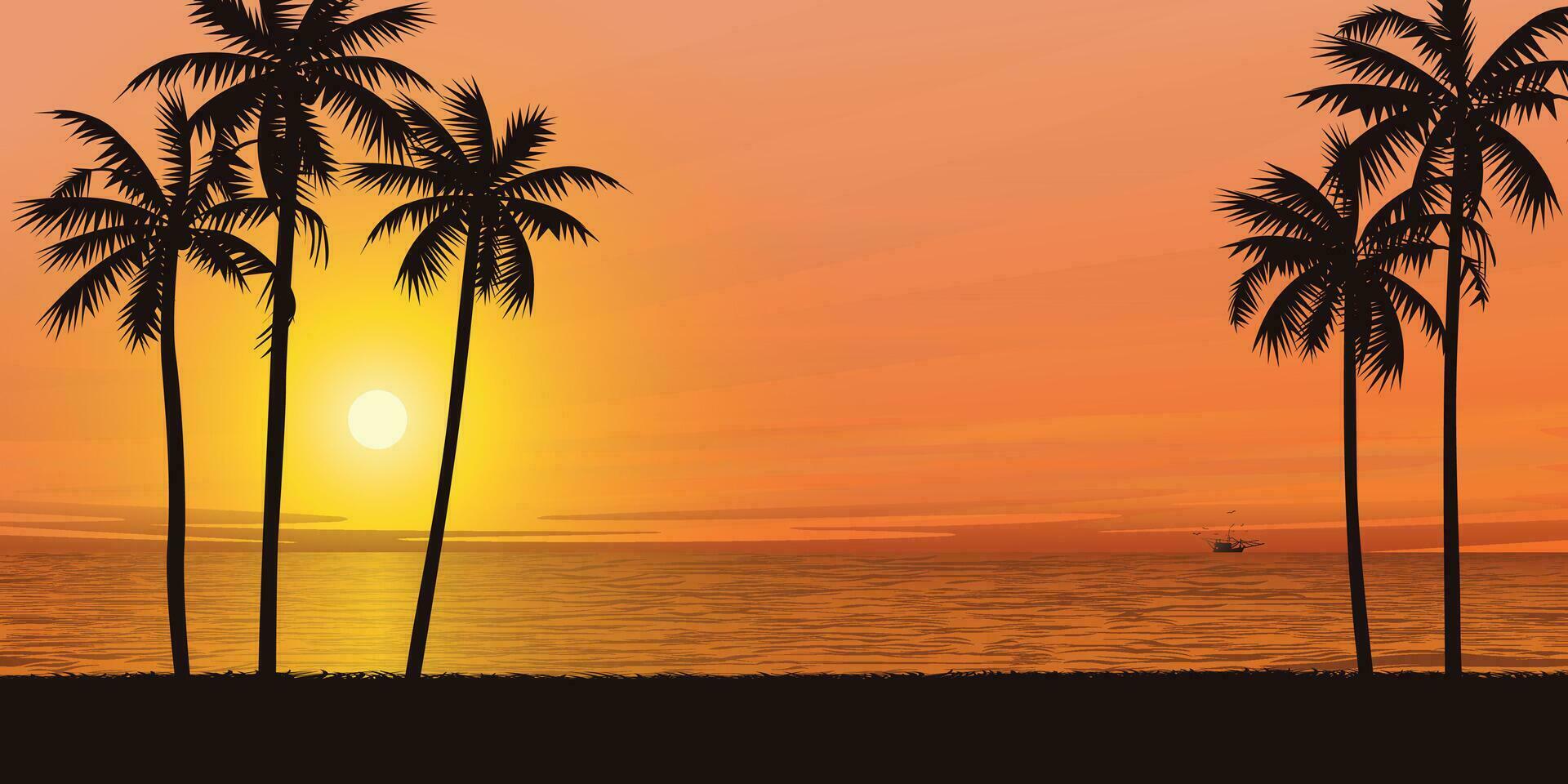 Silhouette of palm tree at seaside with sunset background vector illustration. Tropical island concept flat design template have blank space.