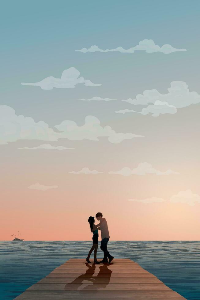 silueta de novio abrazando en el de madera muelle tener tropical azul mar y vainilla cielo antecedentes vector ilustración. de pareja viaje concepto plano diseño vertical forma tener blanco espacio.