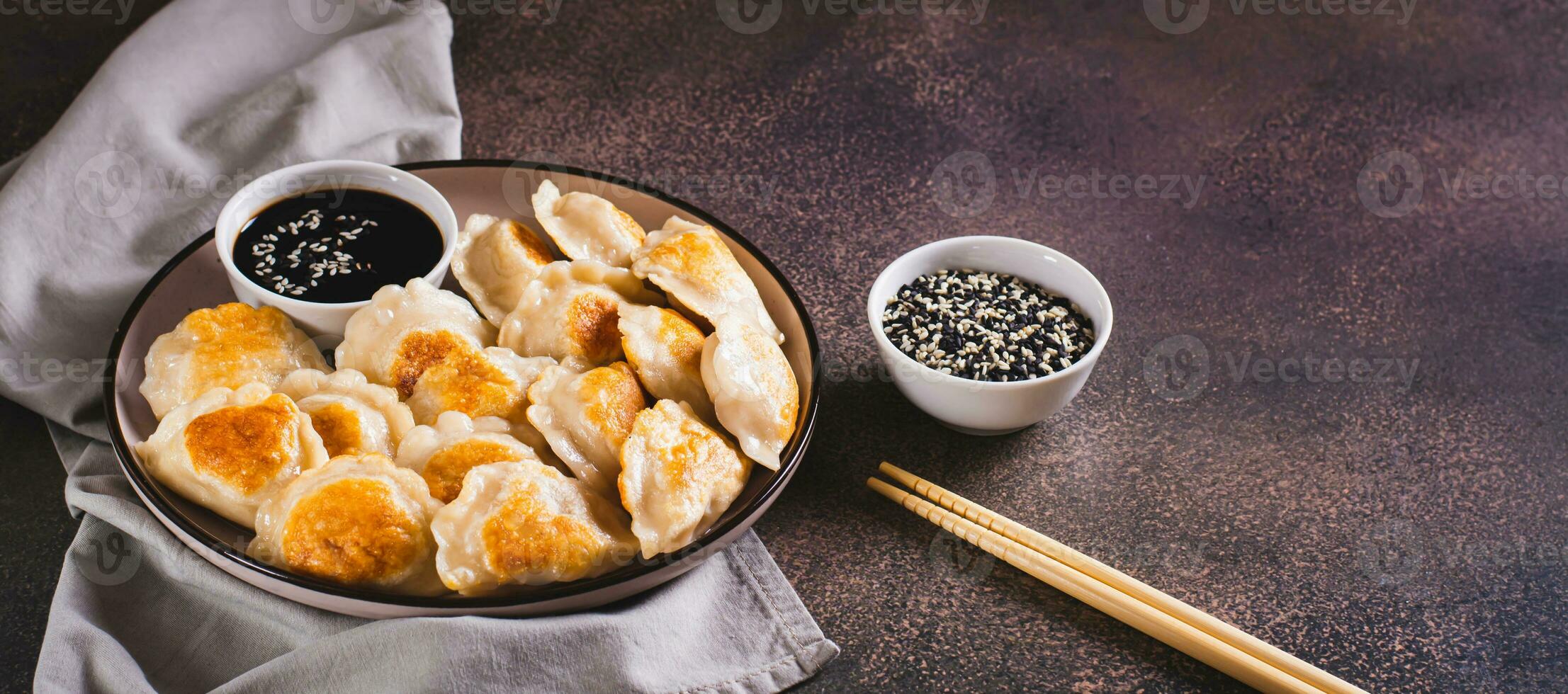 Pan-fried dumplings with soy sauce on a plate on the table web banner photo